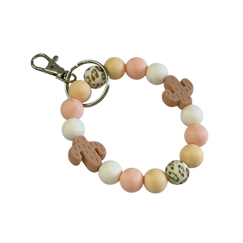 Silicone Beaded Keychain Cactus Charm Wristlet For Women Peach White